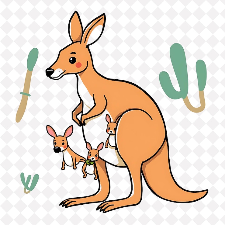 PSD png chipper canguru com formas de bolsa dispostas como uma família australianos de design de animais bonitos