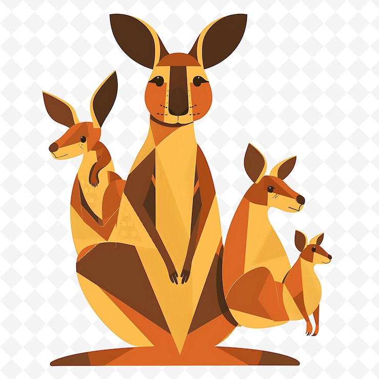 PSD png chipper canguru com formas de bolsa dispostas como uma família ea ilustração plana personagem bonito
