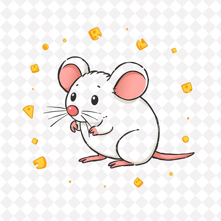 PSD png chipper mouse con formas de queso salpicadas a lo largo de suaves y sutiles diseños de animales lindos
