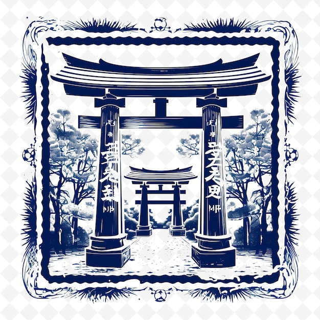 PSD png cidade de kyoto com monochrome azul marinha cor fushimi inari tai aquarela desenhada à mão paisagens