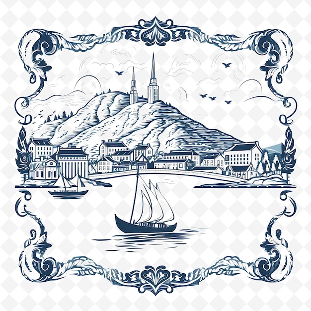 PSD png cidade de oslo com monochrome fjord cor azul viking longship uma aquarela desenhada à mão paisagens