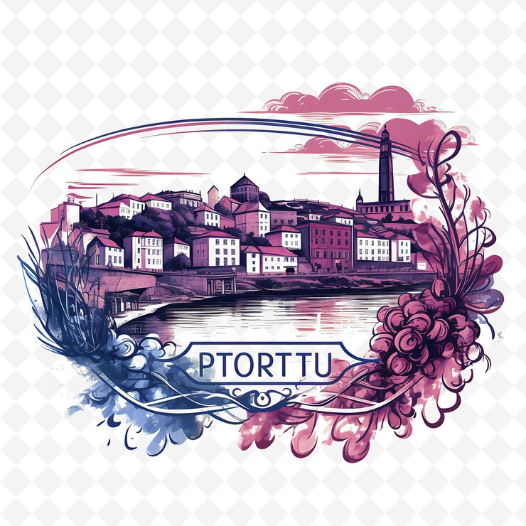 PSD png cidade do porto com monochrome vinho do porto cor púrpura ribeira di aquarela desenhada à mão paisagens