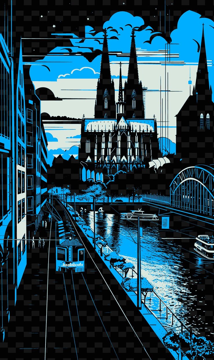 PSD png cidade velha de colônia com escena de rua histórica catedral de colônia ilustração cidades escena decoração de arte
