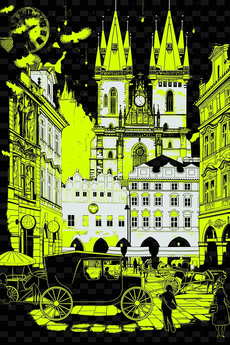 PSD png cidade velha de praga com cena de rua de conto de fadas e ilustração de arco gótico cena da cidade decoração de arte