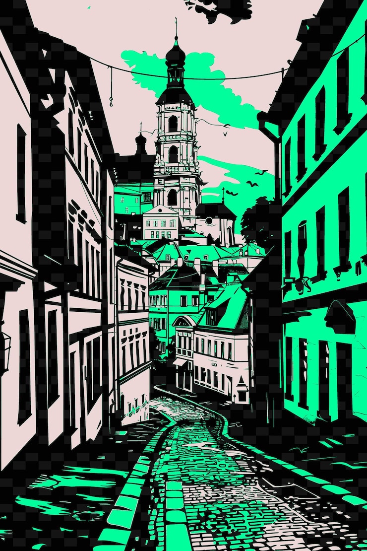 PSD png cidade velha de vilnius com encantadora cena de rua barroca arquitetura ilustração cidades cene decoração de arte