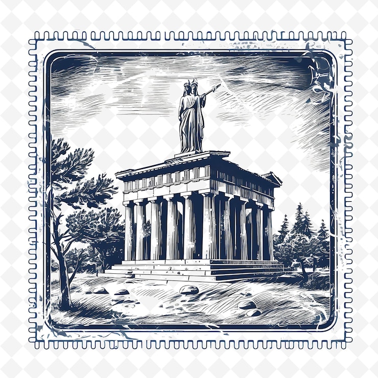 PSD png città di atene con partenone monocromatico di colore oliva e antichi paesaggi ad acquerello disegnati a mano