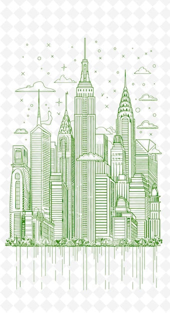 PSD png cityscape design de carte postale avec le cadre de l'horizon design de style de outline arts scribble décoratif