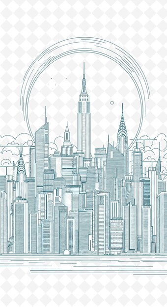 PSD png cityscape design de carte postale avec le cadre de l'horizon design de style de outline arts scribble décoratif
