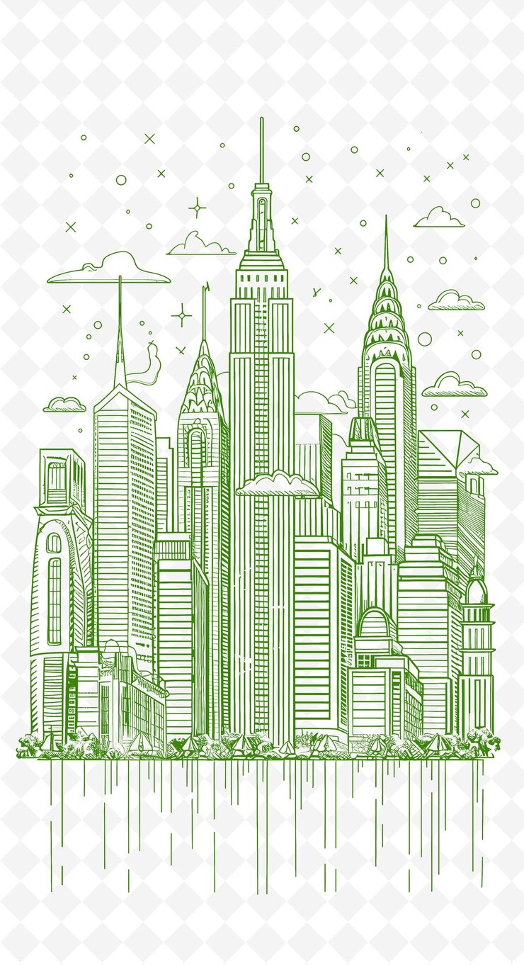 PSD png cityscape design de cartão postal com skyline frame style design de outline arts scribble decorative