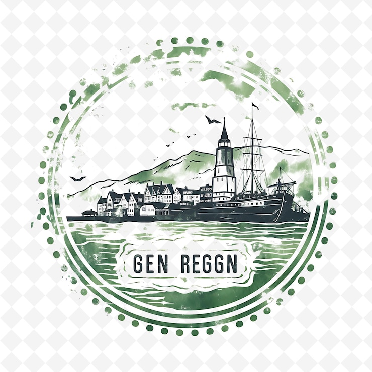 PSD png ciudad de bergen con monocromo fiordo color verde bryggen wharf paisajes de acuarela dibujados a mano