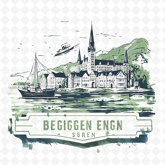 PSD png ciudad de bergen con monocromo fiordo color verde bryggen wharf paisajes de acuarela dibujados a mano