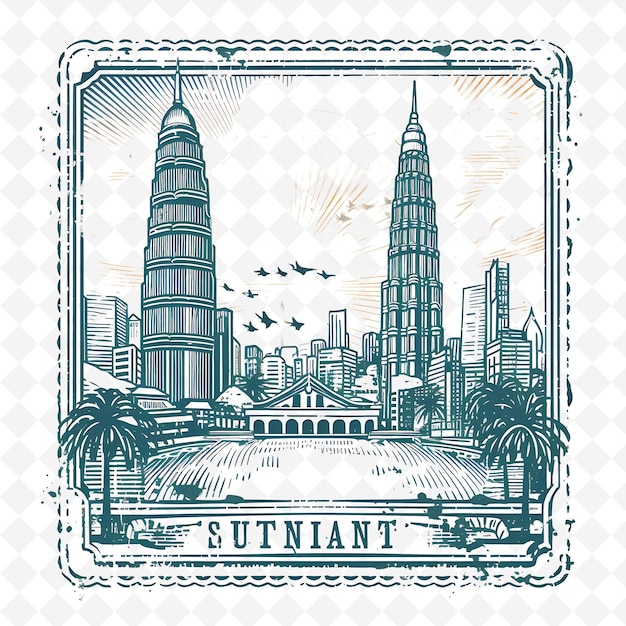 PSD png ciudad de kuala lumpur con monocromo color turquesa petronas t paisajes de acuarela dibujados a mano