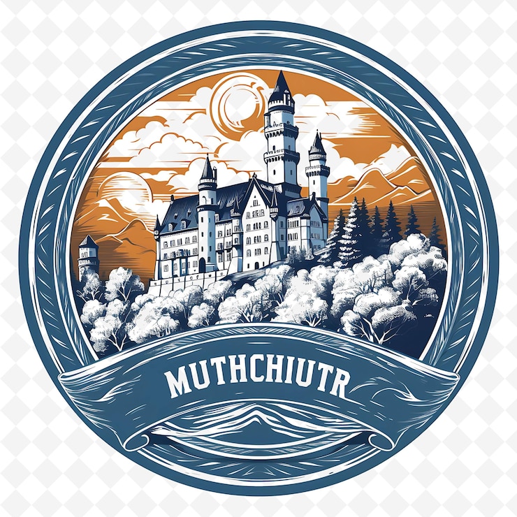 PSD png ciudad de múnich con color mostaza monocromático neuschwanstein cas paisajes de acuarela dibujados a mano