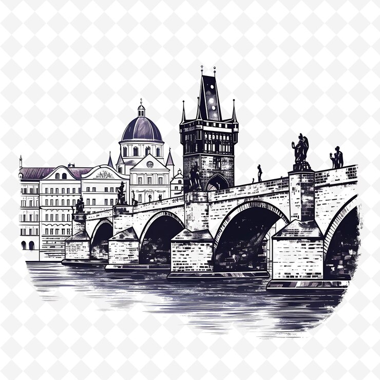 PSD png ciudad de praga con monocromático color morado castillo de praga y ch paisajes de acuarela dibujados a mano