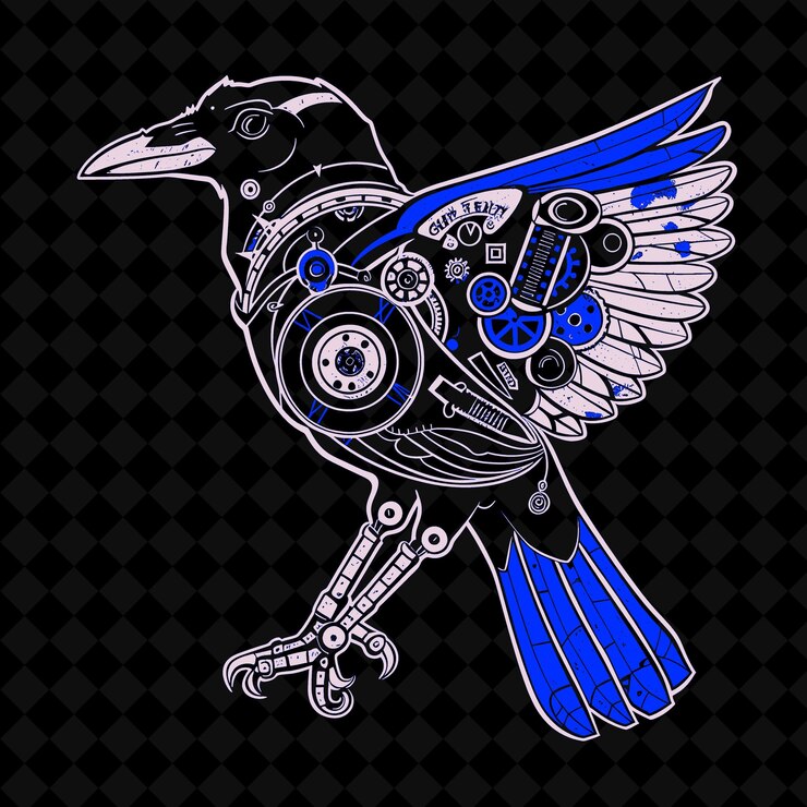 PSD png clever crow with a clockwork body and a mechanical wing crea animal mascot outline collections