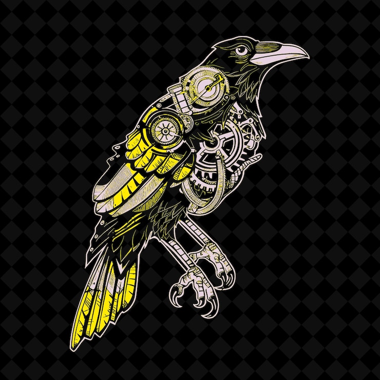 PSD png clever crow with a clockwork body and a mechanical wing crea animal mascot outline collections