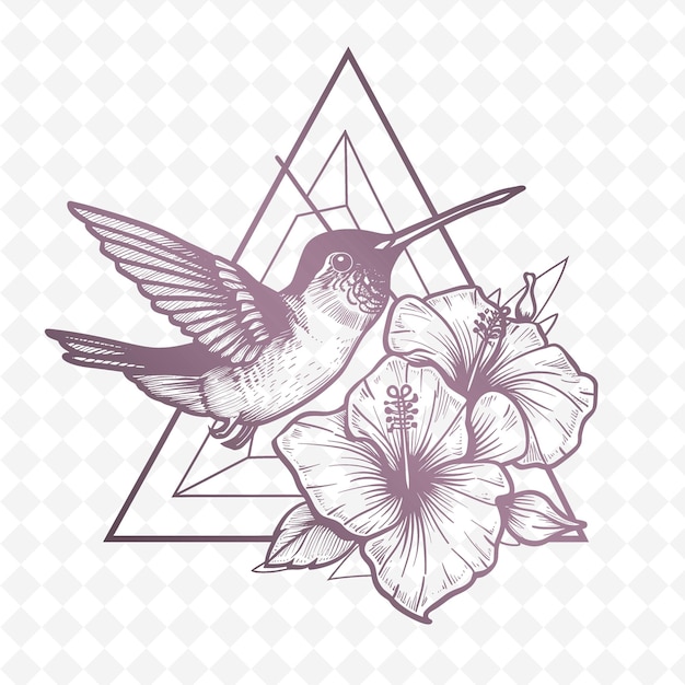 PSD png colibri contorno com pétalas de hibisco e simplificar o desenho contorno de animais e folhas tropicais