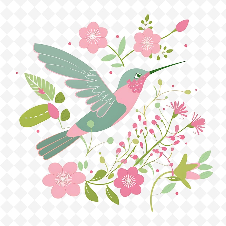 PSD png colibri encantador con formas de flores colocadas al azar de ilustración plana caracter lindo