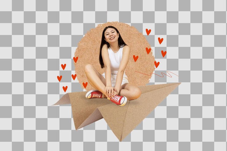 PSD png collage poster girl sitting on a paper airplane isolated on white background