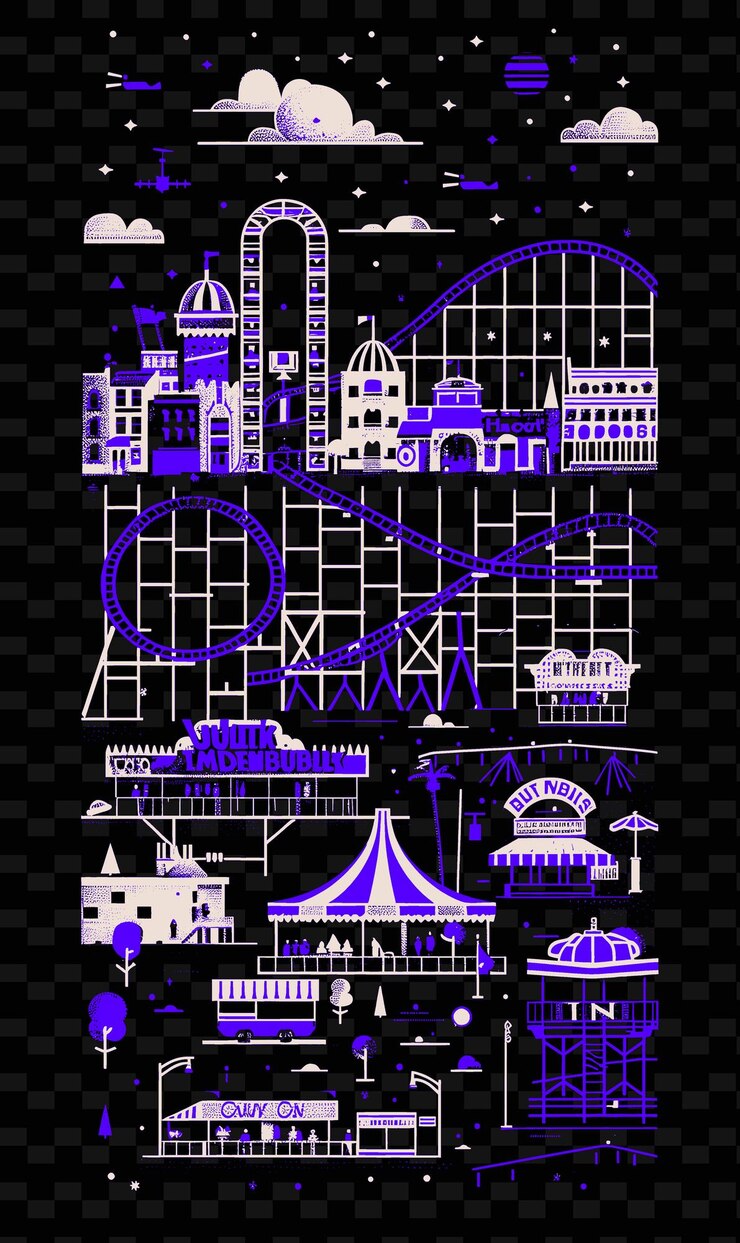 PSD png coney island con parque de atracciones escena de la calle y paseo marítimo ilustración escena de las ciudades decoración artística
