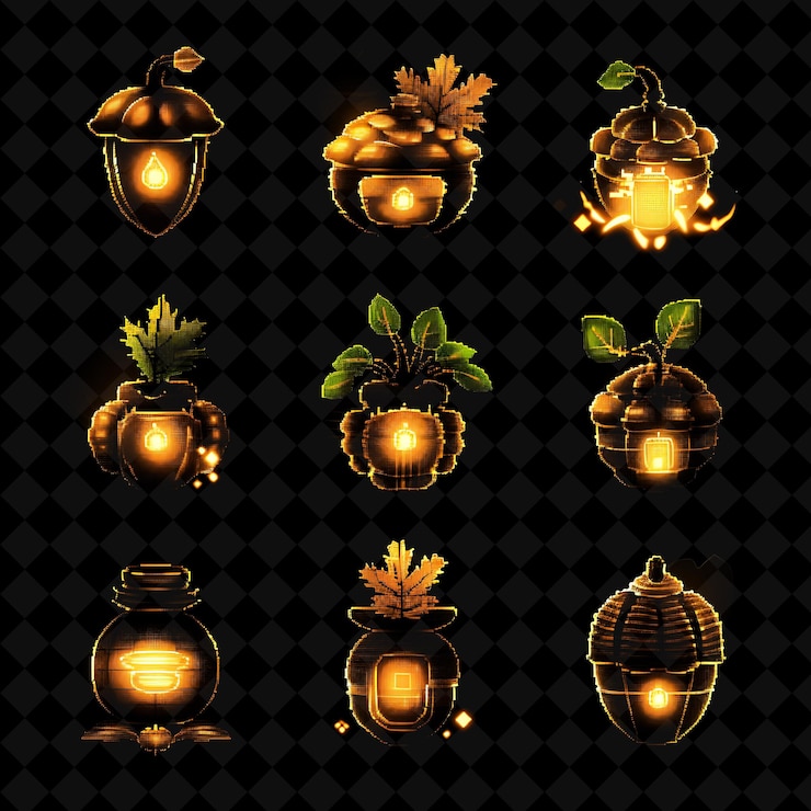 PSD png un conjunto de iconos de bellota con iluminación parpadeante y juego de colecciones creativas de formas y2k