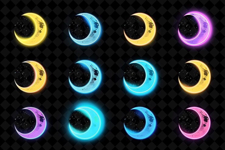 PSD png un conjunto de iconos de la luna con luminescencia parpadeante en 16 bits p creative y2k shape collections