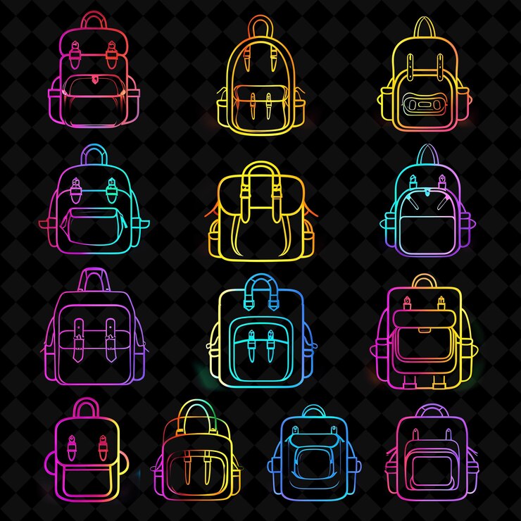 PSD png un conjunto de iconos de mochila con iluminación parpadeante y colecciones de formas creativas de pix y2k