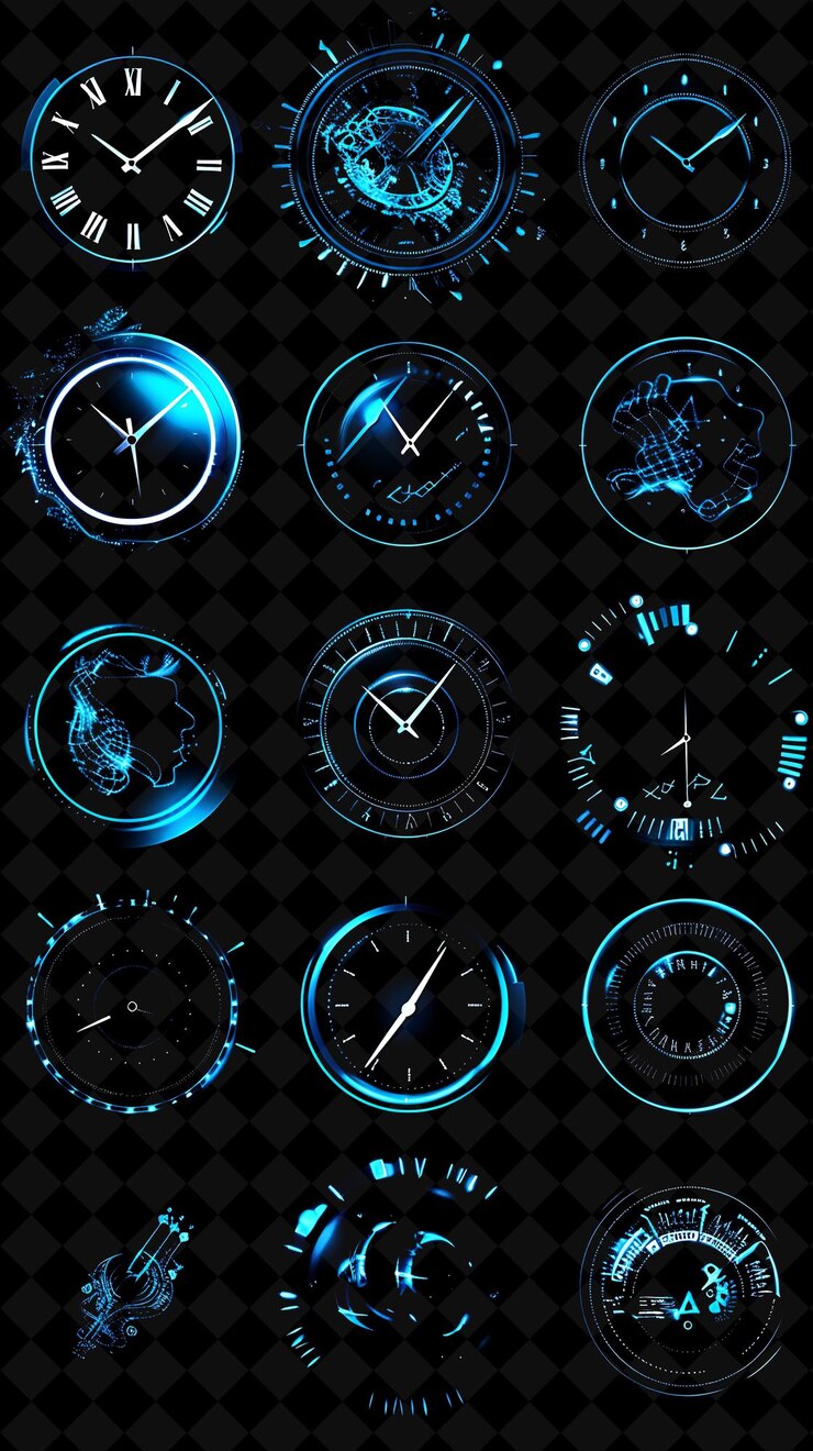 PSD png un conjunto de iconos de reloj con luminescencia giratoria en colecciones de formas creativas de y2k pixeladas