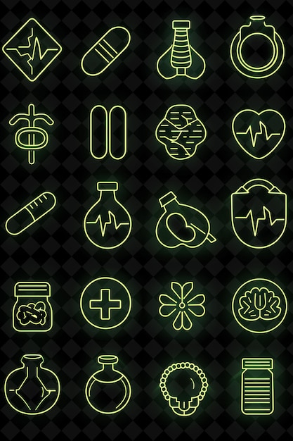 Png un conjunto de iconos de salud con un estilo punteado y una línea de señales de neón Colecciones creativas de formas Y2K