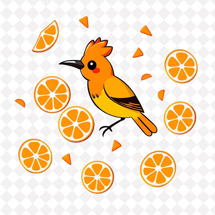 PSD png contenido oriole con formas de rebanadas de naranja esparcidas al azar vibrante y ci diseño de animales lindos