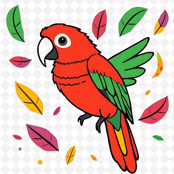 PSD png content papagaio com formas de penas espalhadas pelo fundo vibran desenho de animais bonitos