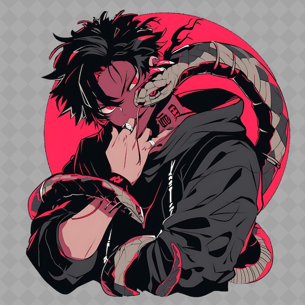 PSD png cool et edgy anime snake boy avec des yeux de serpent et un t fourcheté collection d'autocollants chibi créatifs