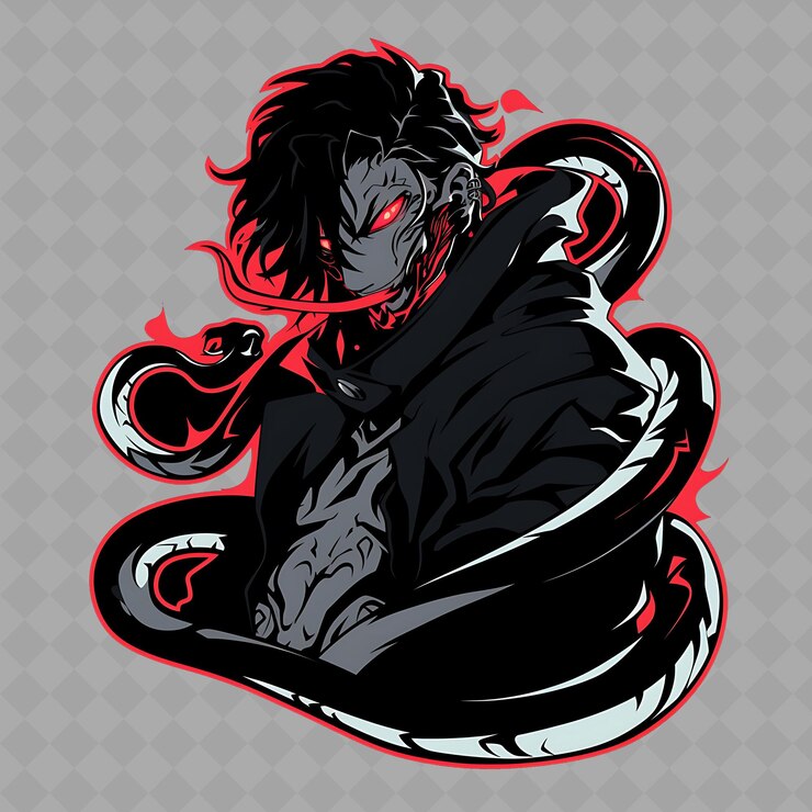 PSD png cool et edgy anime snake boy avec des yeux de serpent et un t fourcheté collection d'autocollants chibi créatifs