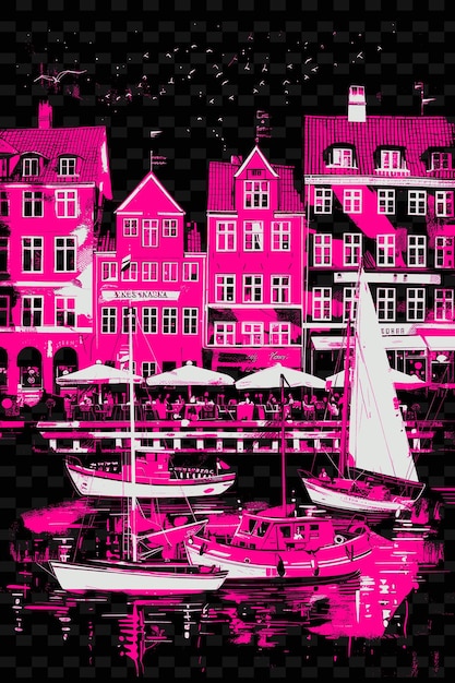 PSD png copenhagens nyhavn avec une scène de rue charmante des illustrations de bâtiments colorés scène de la ville décor artistique