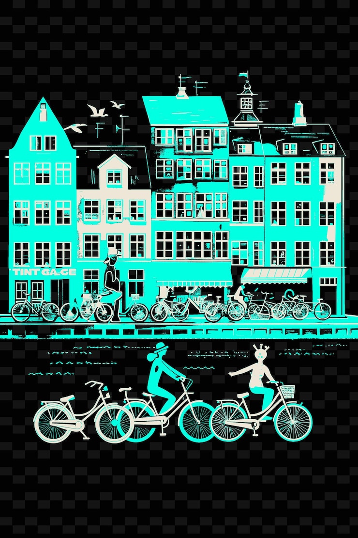 PSD png copenhague com cena de rua colorida e nyhavn little merm ilustração scene art decor da cidade