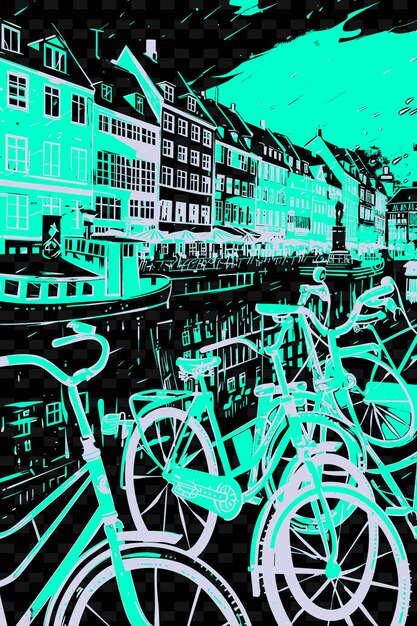 PSD png copenhague avec une scène de rue colorée et nyhavn little merm illustration scène de la ville décor artistique