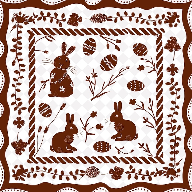 PSD png country pâques art populaire avec des lapins et des œufs pour la décoration traditionnel cadre unique décoratif