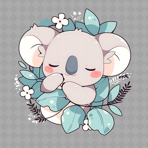 PSD png cozy e kawaii anime koala girl com uma folha de eucalipto com creative chibi sticker collection