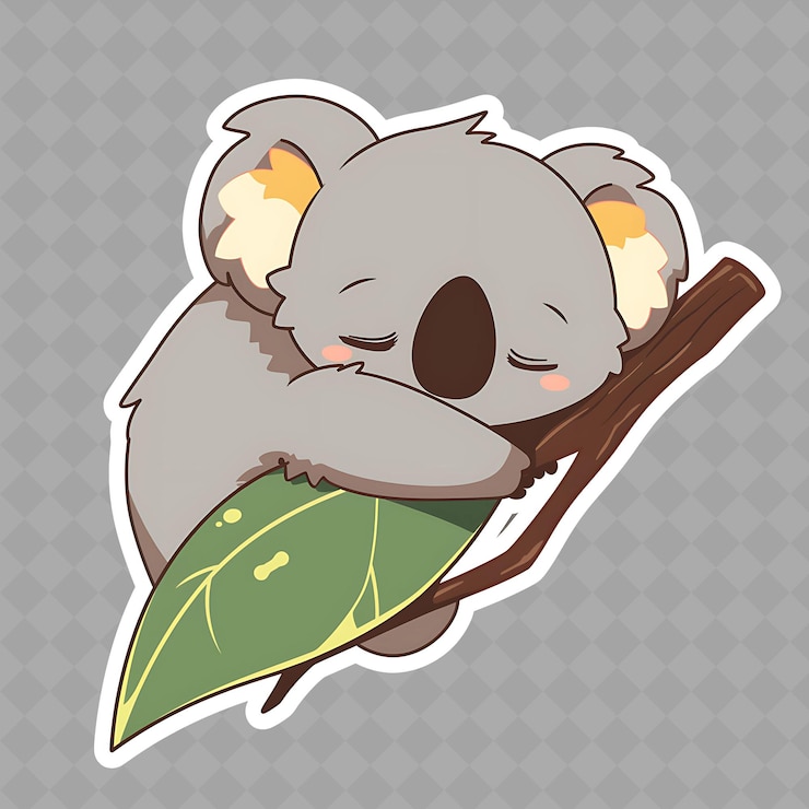 PSD png cozy e kawaii anime koala girl com uma folha de eucalipto com creative chibi sticker collection