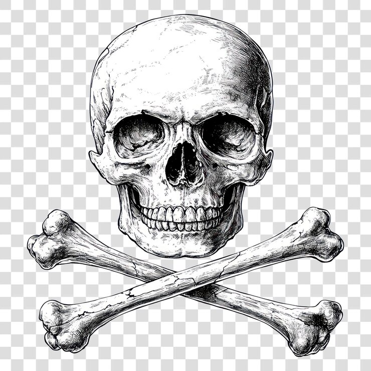 PSD png cráneo sobre huesos cruzados dibujando un boceto de halloween