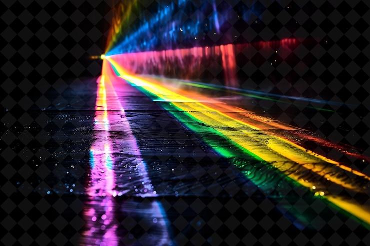 PSD png crisp refracting prism rays con luz de colores y rayas de luz de color neón con gradiente de arco iris