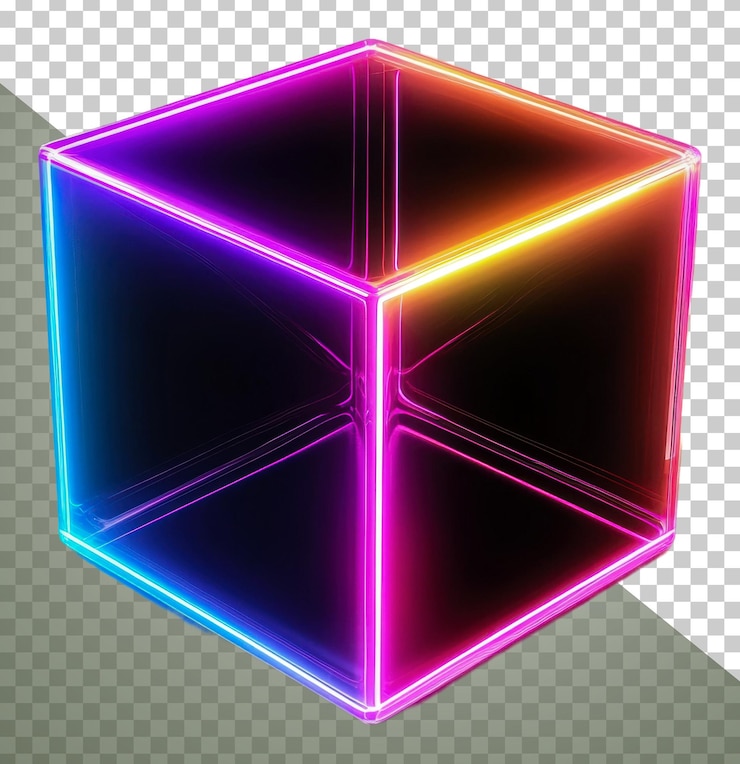 PSD png cubo brillante de neón vibrante sobre un fondo oscuro