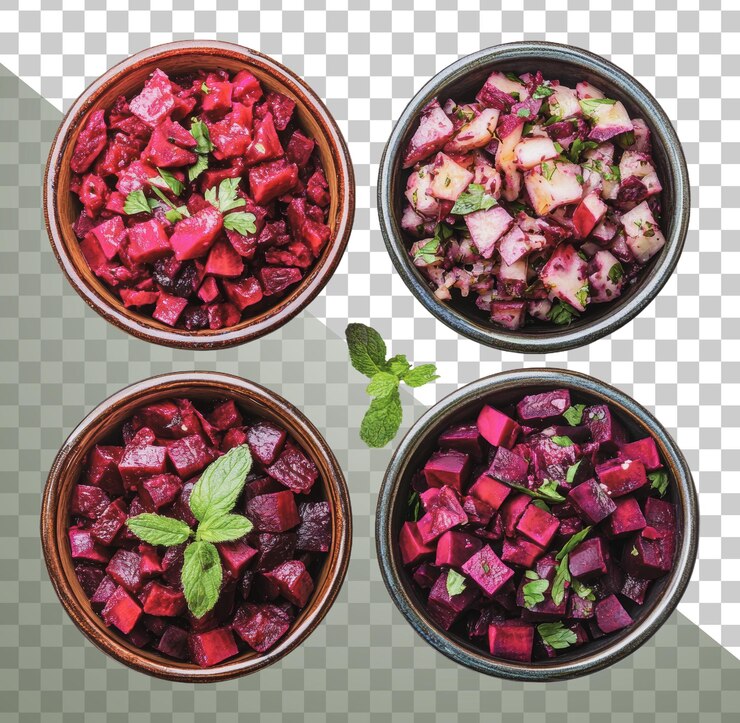 PSD png cuencos coloridos de ensaladas de remolacha recién preparadas