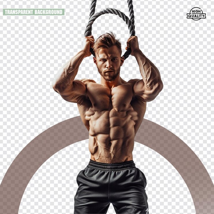 PSD png de culturista con cuerda y ejercicio y gimnasio con fondo transparente