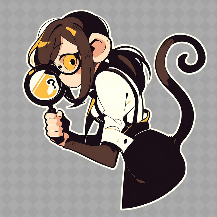 PSD png curious and inquisitive anime monkey girl con una coda e una creativa collezione di adesivi chibi
