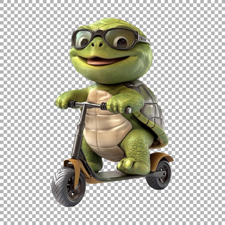 PSD png cute turtle riding scooter en un fondo transparente generado por ai