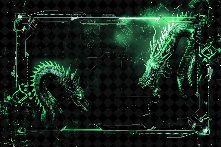 PSD png cybernetic dragon frame con simbolo algorand dragon scales una forma di neon y2k su sfondo scuro