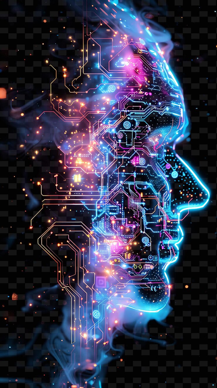 PSD png cybernetic glitch con circuiti luminosi simboli digitali e illustrazione texture sfondo