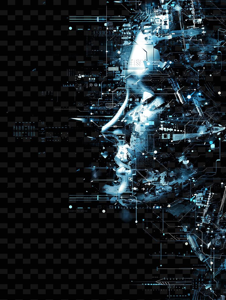 PSD png cybernetic interface glitch con elementos robóticos circuito pa ilustración textura de fondo