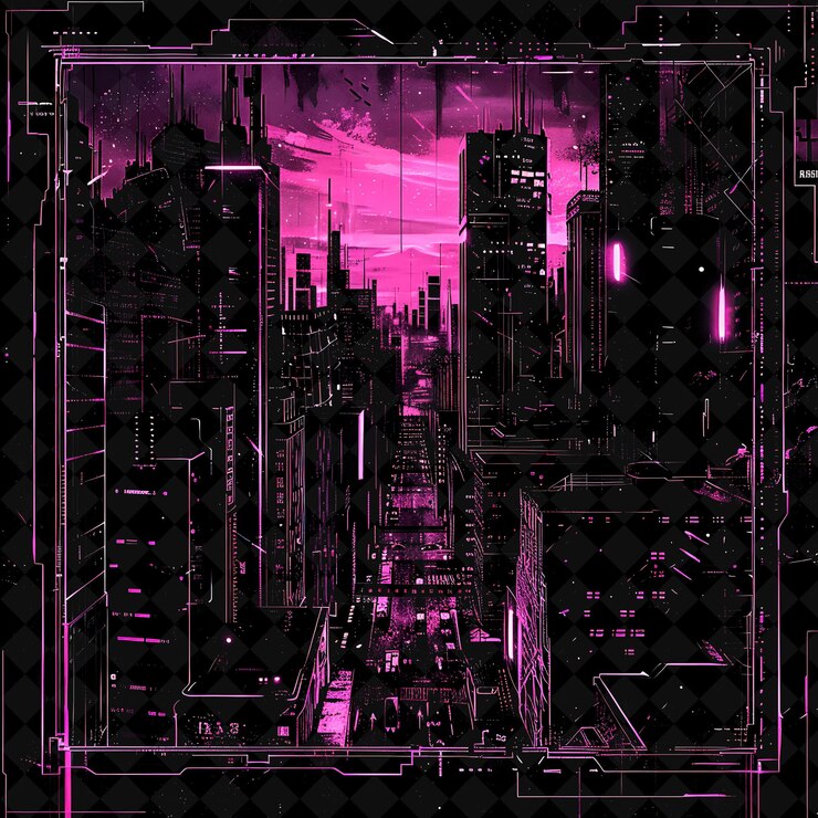 PSD png cyberpunk city frame with dash logo skyscrapers and neon sig y2k neon shape on dark background